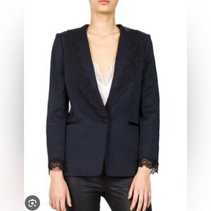 The Kooples Black Stretch Tuxedo Jacket with Satin and Lace, Size 32